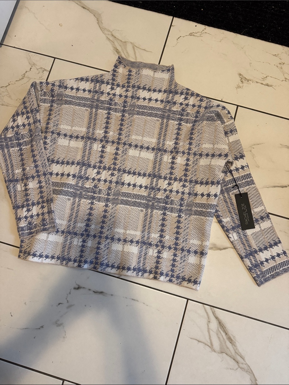 Rachel Zoe Cream and Light Blue Plaid Mock Neck Sweater